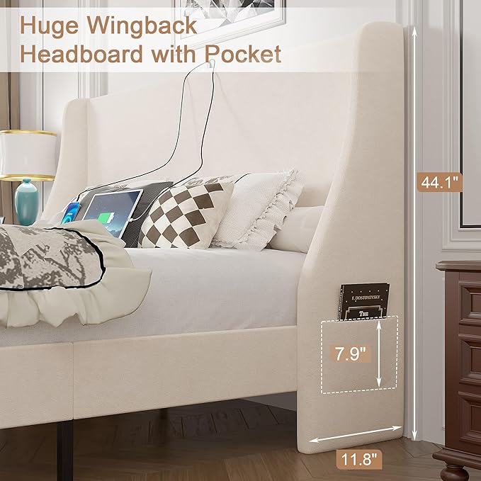 VECELO Full Bed Frame with Upholstered Wingback Headboard, Heavy-Duty Platform Bedframe with Charging Station, Wooden Slats, No Box Spring Needed, Beige