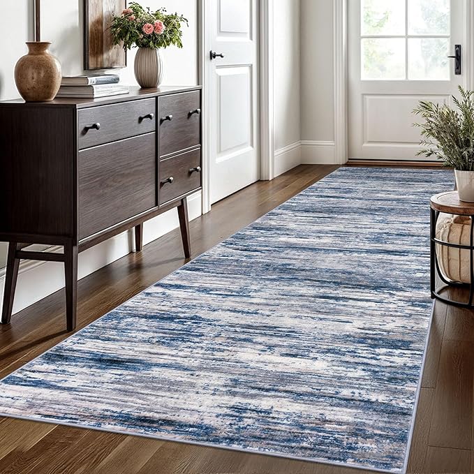 3x10 Modern Abstract Runner Rug for Hallways, Navy Blue Gray Neutral Multi Super Soft Hallway Decor Kitchen Rugs with Non-Slip, Non-Shedding Washable Rug for Entryway Bedroom Indoor