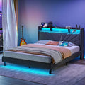 Rolanstar Full Size Bed Frame, Storage Headboard with Charging Station and LED Lights, Upholstered Bed with Heavy Duty Wood Slats, No Box Spring Needed, Noise Free, Easy Assembly, Dark Grey