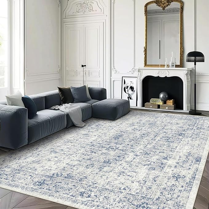 8x10 Area Rugs for Living Room, Non-Slip Backing Washable Rug 8x10, Blue Large Area Rug Soft Carpet for Bedroom Dining Room, Vintage Floral, Easy Clean, Durable, Low Pile Rug Under Table