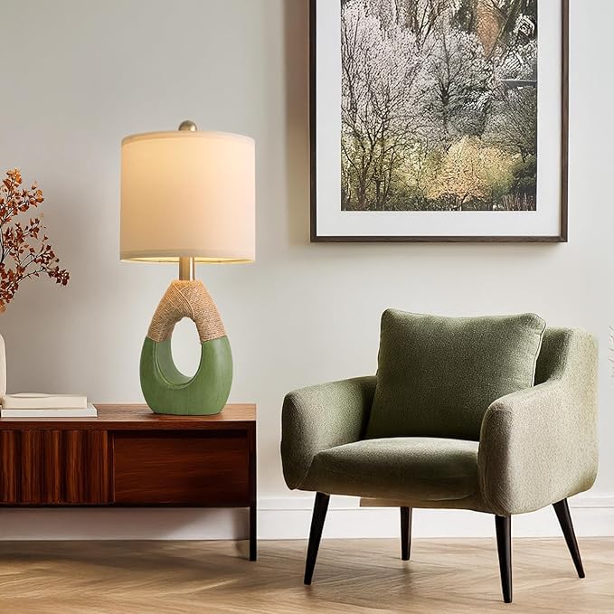 OYEARS 19" Table Lamps Set of 2, Bedside Lamps for Living Room, Lamps for Bedroom, Farmhouse Rattan Table Lamp, Small Space Nightstand Lighting, Rustic Home Office Decor (Green, Bulb Not Included)