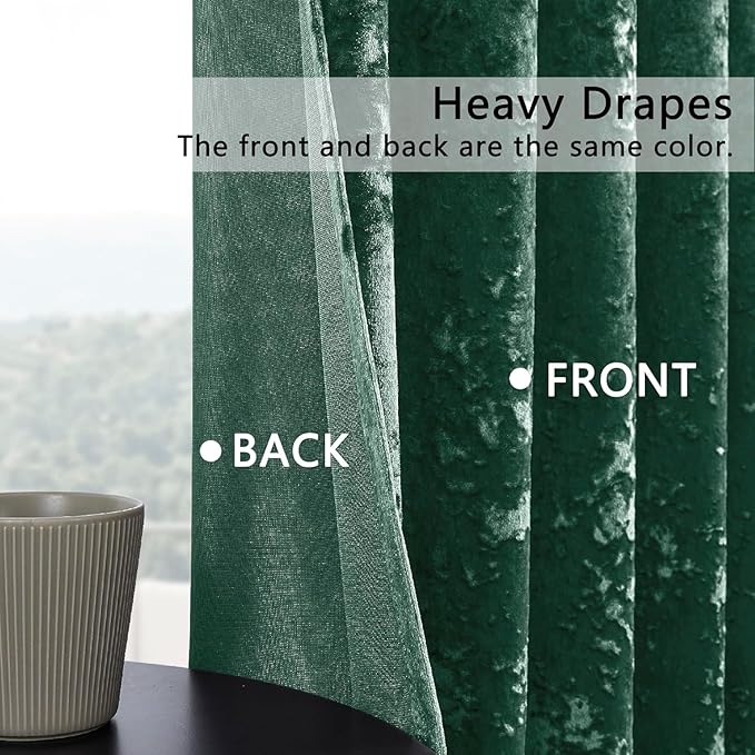 SMILETIME Forest Green Crushed Velvet Curtains 52x84 inch Luxurious Thermal Insulated Soundproof Drapes for Living Room Bedroom Office Soft and Durable Light-Filtering Window Treatments, 2 Panels