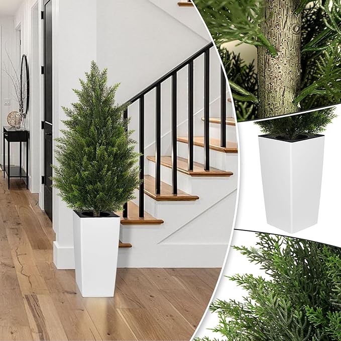 4FT Tall 2 Set Artificial Topiary Cedar Tree, Indoor Realistic Faux Cypress Plants with Square Flowerpot, Outdoor Evergreen Fake Shrubs for Home Living Room Front Porch Decor