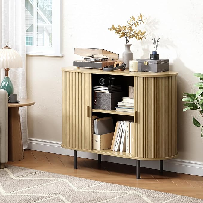 Buffet Cabinet with Storage, Fluted Sideboard Buffet with Sliding Door, Coffee Bar Cabinet with Adjustable Shelf, Console Table, Accent Table for Entryway, Kitchen (Oak, 40 Inch)