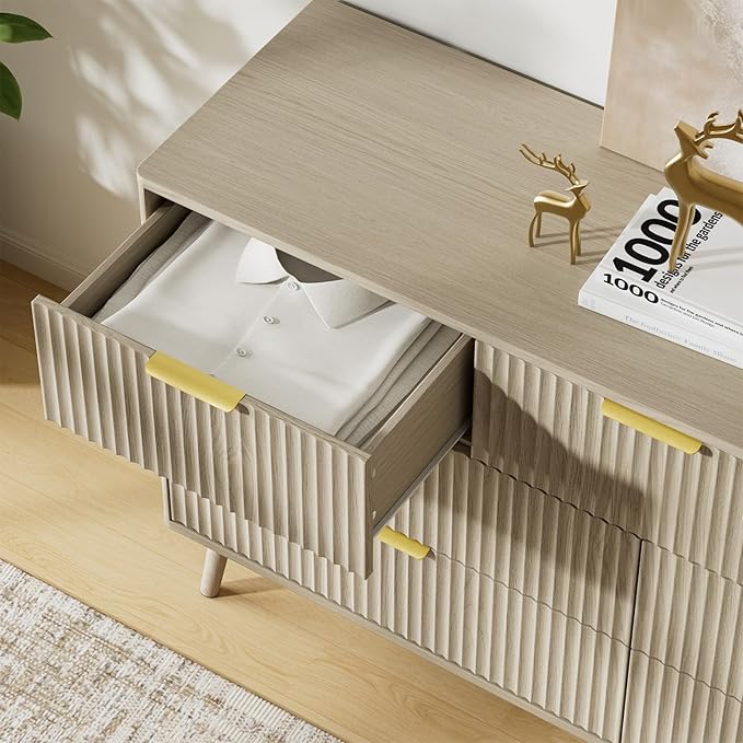 LYNSOM 55" Wide Fluted Dresser for Bedroom with 7 Drawer, Modern Chest of Drawers with Curved Profile Design and Metal Handles, Wood Dresser TV Stand & Storage Organizer for Living Room, Beige
