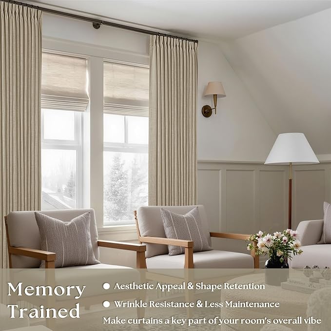 Greige 80 Inches Long Linen Curtains for Living Room Pinch Pleat Hooks for Living Room Back Tab Thick Linen Textured Pleated Drapes Light Filtering Tan Taupe Bedroom Window Curtains 80 Inch Length