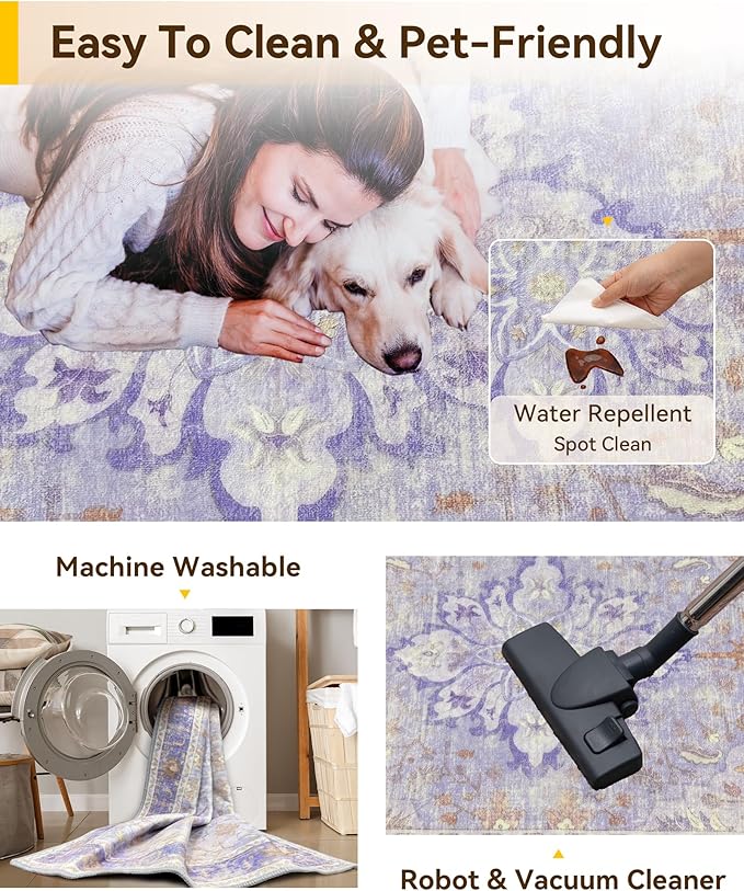Area Rugs 8'x10' Washable Non-Slip, Floral Vintage Distress Print Pattern Medallion Carpet for Living Room Bedroom Dining Room, Light Purple Brown