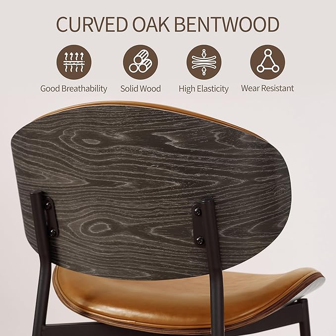 Art Leon Dining Chairs Set of 4, Grey Oak Bentwood, Mid Century Modern Chair, Orange Faux Leather Kitchen Dining Room Chairs with Black Metal Legs, Accent Chairs for Bedroom