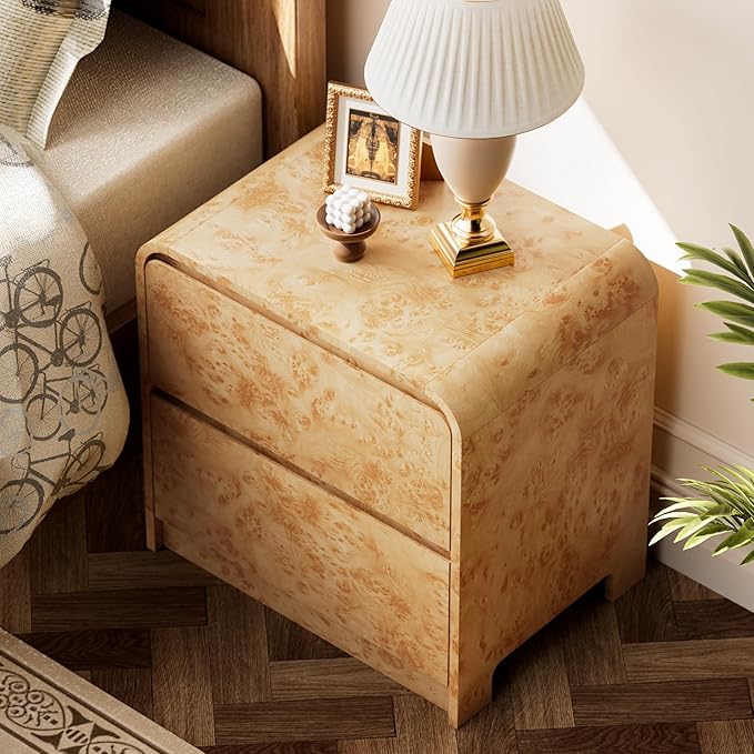 2 Drawer Farmhouse Nightstand with Rounded Edge, Modern Dresser Mid Century Side Table for Bedroom, Burl Finish, Natural