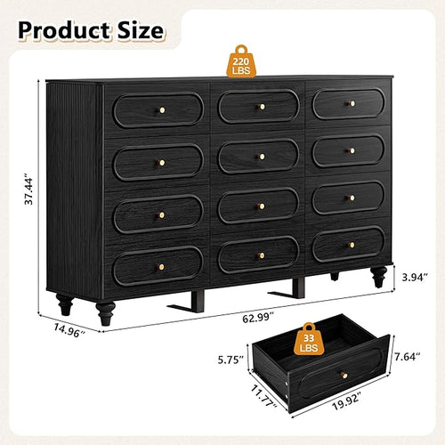12 Drawer Fluted Dresser for Bedroom, Mid Century Modern Chest of Drawers, Wood Storage Small Dresser Organizer for Bedroom Living Room Hallway Closet, Black