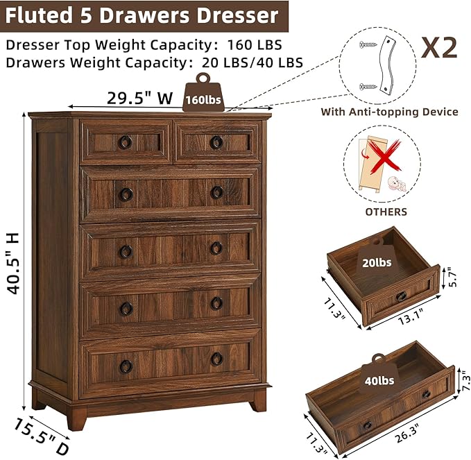 Farmhouse 6 Drawer Dresser for Bedroom, 41" Tall Small Dressers & Chest of Drawers, Rustic Wood Dresser with Metal Handle, Storage Organizer Closet for Living Room, Hallway, Entryway