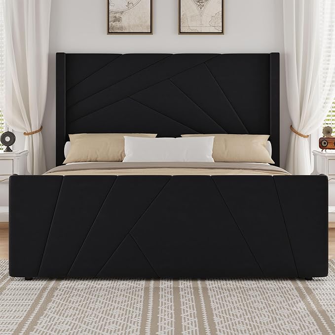 BarnFurin Queen Size Bed Frame, Velvet Upholstered Platform Bed with Geometric Tufted Headboard & Footboard, Wingback Design, Mattress Foundation with Wooden Slats, Black