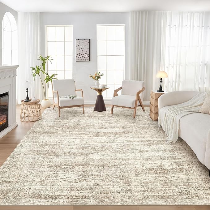 Area Rug Living Room Rugs - 9x12 Abstract Large Soft Indoor Washable Rug Neutral Modern Low Pile Carpet for Bedroom Dining Room Farmhouse Home Office - Vintage Beige