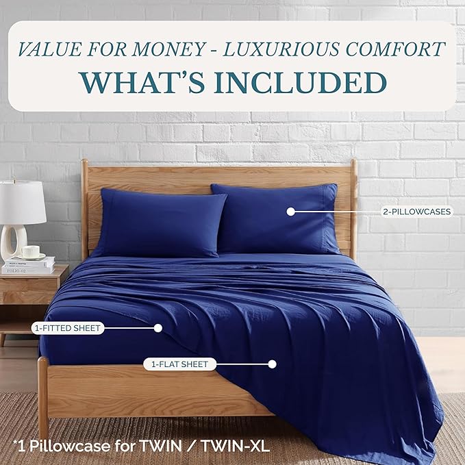 Casa Platino Full Size Bedding Set, Pre-Washed Ultra Soft & Breathable Bed Sheets Set, Brushed Microfiber, Fade Resistant, Full Sheets with Deep Pockets - Navy Blue