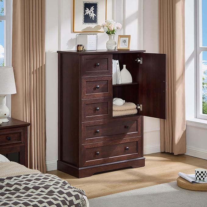 SOOWERY Dark Cherry Dresser for Bedroom, 5 Drawer Farmhouse Wood Dressers with Double Storage Cabinet, 48 Inches Tall Chest of Drawers for Bedroom, Living Room, Hallway
