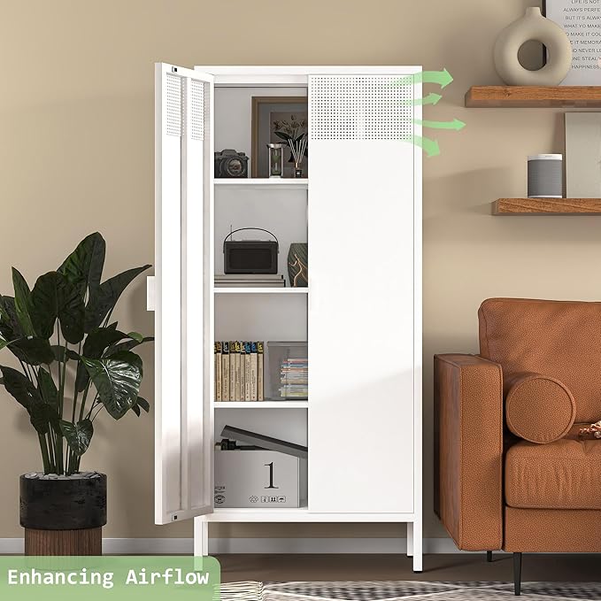 COFaR 4 Tier Black Metal Storage Cabinet, Free Standing with 2 Doors, 3 Adjustable Shelves and Legs, Cupboard Metal Cabinet for Living Room, Kitchen, Dining Room, Office