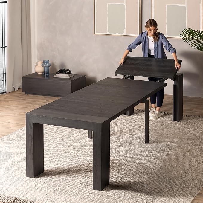 Transformer Table - Solid Wood Extendable Dining Table, Seats 2-12, Extendable Dining Room Table, Space-Saving Furniture, Expandable Dining Furniture (Black, Table + Coffee Table)