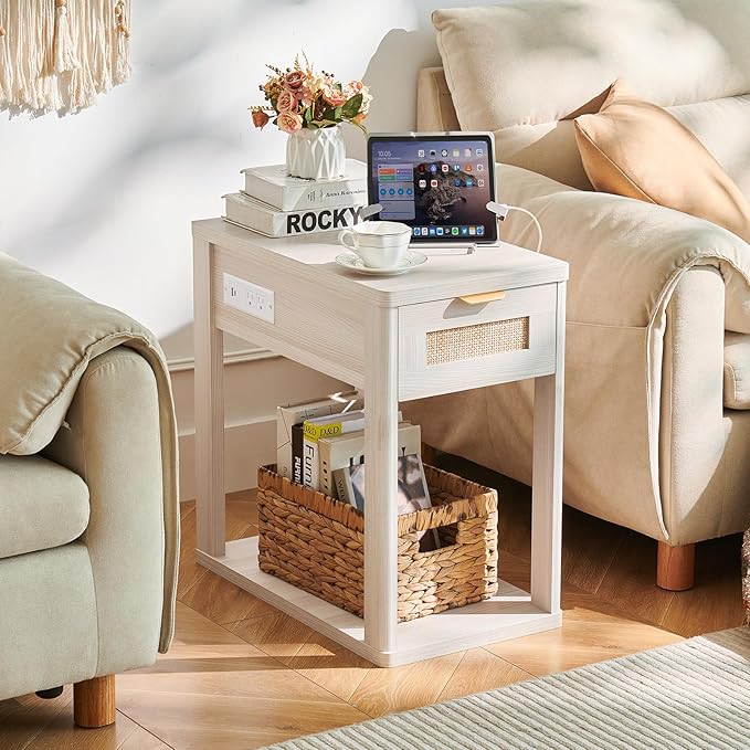 LEYAOYAO Narrow Side Table Set 2 with Charging Station,Rattan Night Stand with Drawer Storage,Natural Wood Bedside End Table with Metel Handle for Small Spaces,Boho Nightstand for Living Room Bedroom