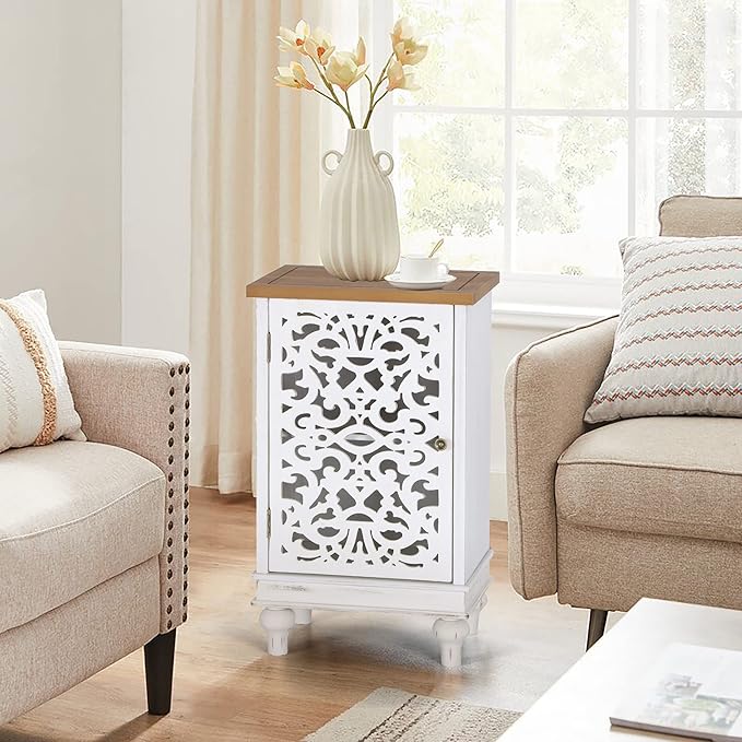 PHI VILLA Small Accent Storage Cabinet with Single Door - Decorative Nightstand for Living Room Bedroom, End Side Table Cabinet White