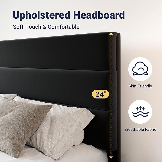 Allewie Modern Full Size Platform Bed Frame with 4 Storage Drawers and Velvet Upholstered Headboard, Wooden Slats Support, Upholstered Mattress Foundation/No Box Spring Needed/Easy Assembly, Black