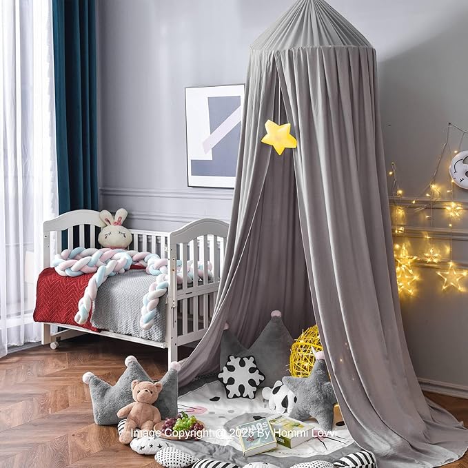 Grey Bed Canopy for Girls with Light, Princess Canopy Curtains for Twin Full Queen Size Kids Bed, Canopy for Girls Bed Room Decor, Hanging Castle Ceiling Tent