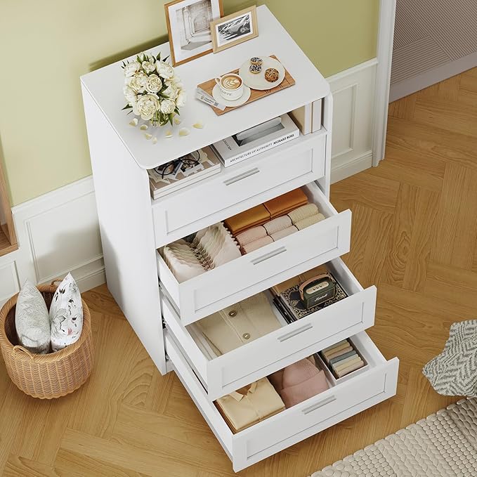 TEENFON Dresser for Bedroom, Tall White Dresser with 4 Drawers, Dressers with Mirror, Chest of Drawers for Bedroom, Living Room, Closet, Hallway, White