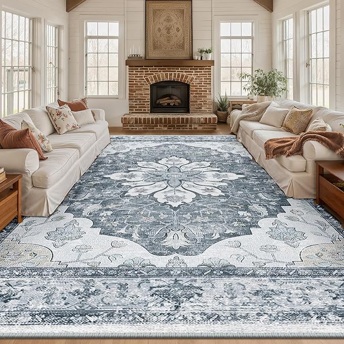 Area Rugs 10'x12' Washable Non-Slip, Floral Vintage Distress Print Pattern Medallion Carpet for Living Room Bedroom Dining Room, Light Gray Grey White