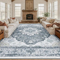 Area Rugs 10'x12' Washable Non-Slip, Floral Vintage Distress Print Pattern Medallion Carpet for Living Room Bedroom Dining Room, Light Gray Grey White