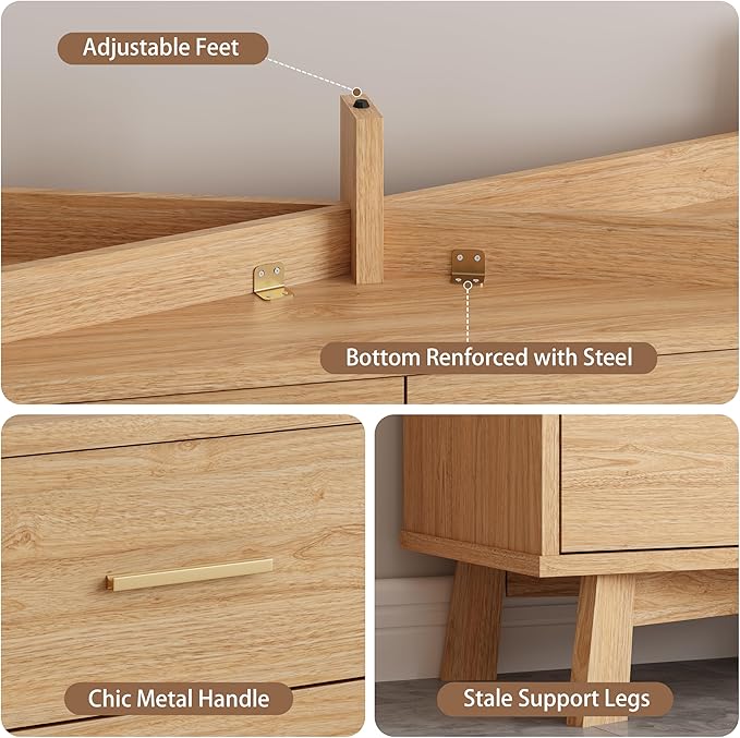 Dresser for Bedroom, 6 Drawer Wide Modern Chest of Drawers with X-Shaped Sturdy Base, Wood Double Dresser Closet Clothes Storage Organizer, Wooden TV Stand for Living Room, Hallway, Oak