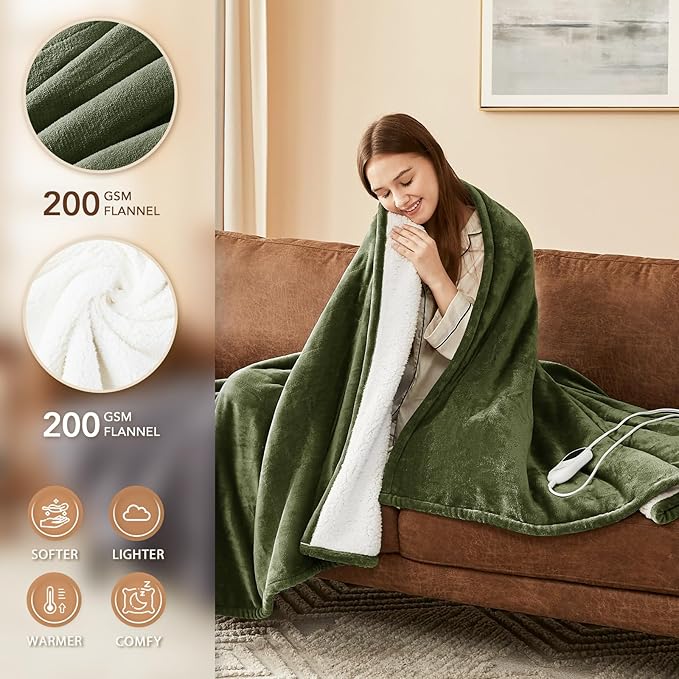 Homemate Electric Heated Blanket Full Size - 72"x84" Heating Blanket Full Size 1/2/4/6/8 Hours Auto-Off 10 Heat Level Over-Heat Protection Flannel Sherpa ETL Certification