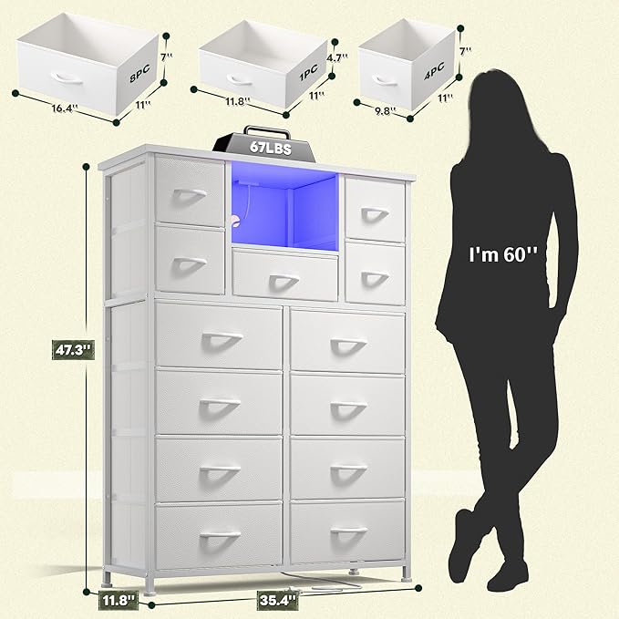 Dresser for Bedroom with 13 Fabric Drawers, White Dresser with LED and 4 Charging Ports and Open Shelves, 47''H Chest of Drawers for Entryway, Hallway