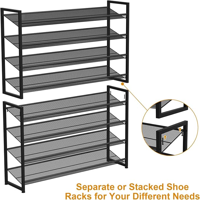 Large Shoe Rack 8 Tier Shoe Organizer, Heavy Duty Metal 4-Tier Stackable Shoe Storage Vertical Shoe Rack for Closet Front Door Entrance, Up to 50 Pairs, 44.8" W x 11.4" D x 56.7" H, Black