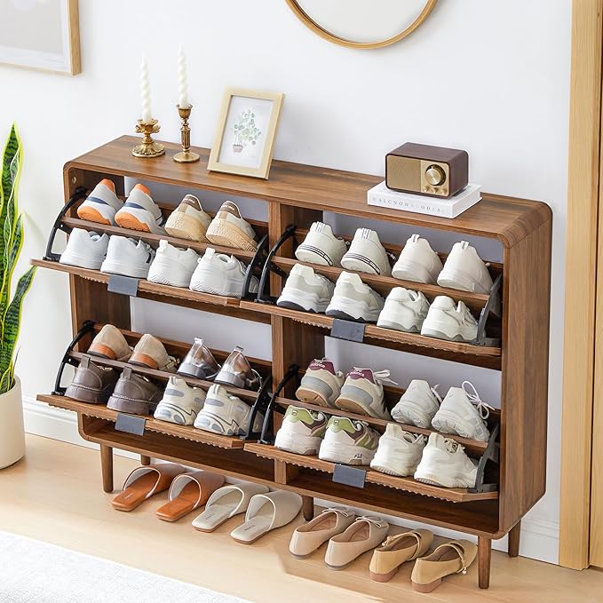 Shoe Storage Cabinet for Entryway, Narrow Shoe Organizer Cabinet, 4 Flip-Down Drawers, Round Fluted Panel, Hidden Wood Slim Shoe Rack for Foyer, Hallway (Walnut)