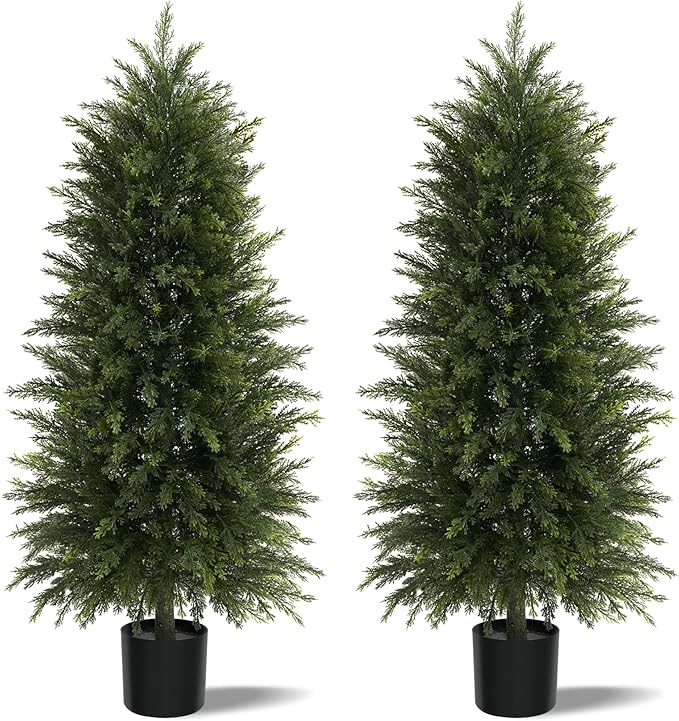 5FT Artificial Cedar Trees Set of 2, Realistic Faux Evergreen Topiary Bushes Plants, Outdoor Potted Fake Cypress Shrubs for Front Porch Garden Home Living Room Decor