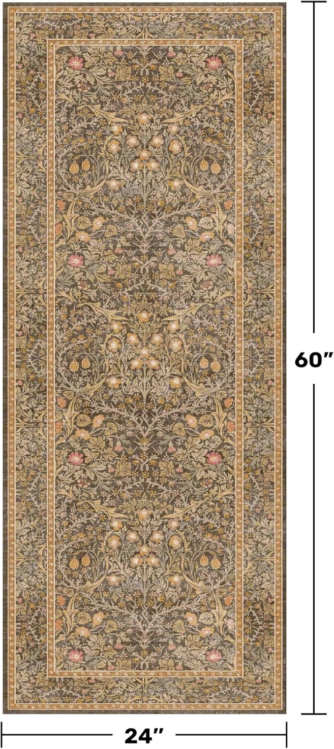 Non Slip 2x5 Gold Brown Bathroom Runner Rug - Small Runner Rugs, Washable Kitchen Floor Mat, Bedroom, Laundry Room, Hallway Runner - Vintage Oriental Décor