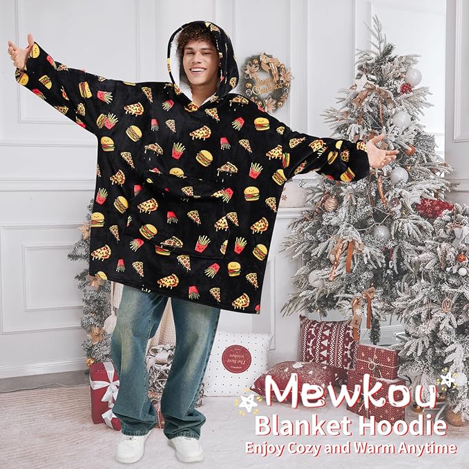 Wearable Blanket Hoodie for Adult,Oversized Sherpa Fleece Blanket Hoodie for Women Men,Hamburger Pizza