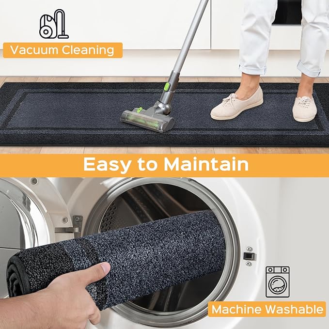 Kitchen Rugs 24" x 84", Non-Slip Machine Washable Kitchen Runner Rugs Floor Mats, Absorbent Comfort Standing Mats for Kitchen, Sink, Laundry and Hallway, Rolled Packaging, Bluish Grey & Charcoal