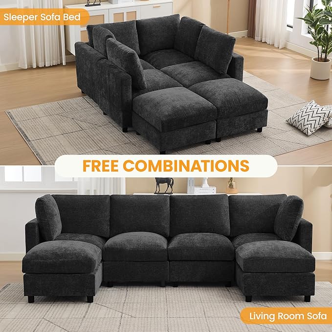 116'' 4-Seater Modular Sectional Cloud Sofa with 2 Ottomans, U-Shaped Couch for Living Room, Modern Deep Seat Sofa with Soft Back Cushions, Chenille Dark Grey