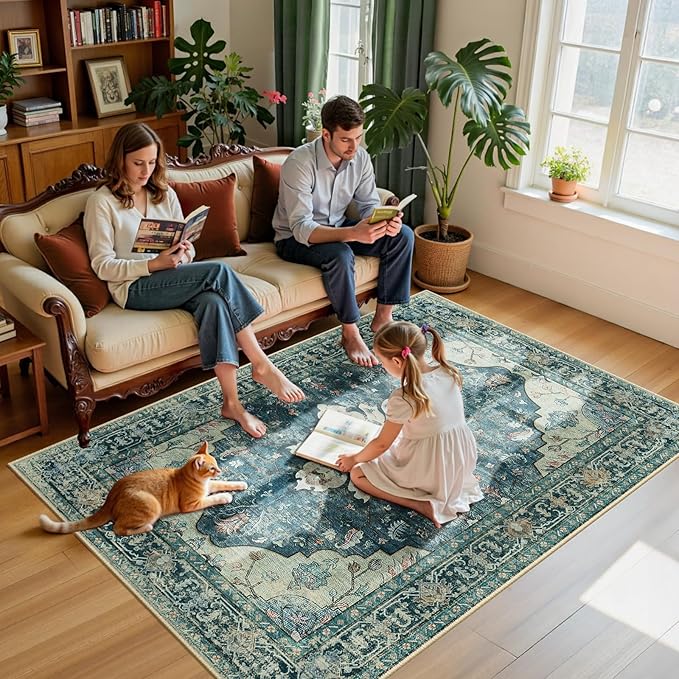 Area Rugs 5'x7' Washable Non-Slip, Floral Vintage Distress Print Pattern Medallion Carpet for Living Room Bedroom Dining Room, Dark Blue Vintage