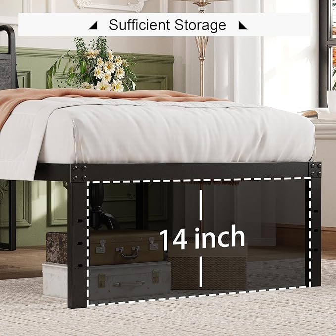 16 Inch Twin Bed Frames with Upholstered Storage Headboard, Heavy Duty Twin Platform Bed No Box Spring Needed, Noise Free, Easy Assembly, Gray