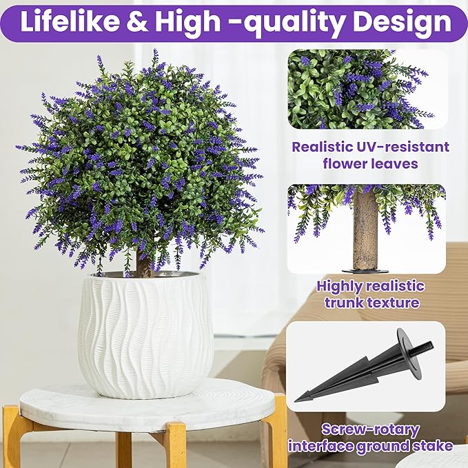 Artificial Lavender Topiary Ball Trees, 2 Pcs 23.6" Faux Lavender Bushes with 4 Ground Spikes, Fake Evergreen Plants for Home, Garden, Yard, Patio, Front Porch Decor