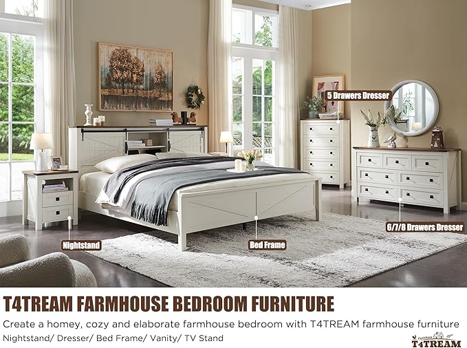 T4TREAM Farmhouse 7 Drawers Dresser Wood Rustic Tv Stand, Storage Organizer for Bedroom, Living Room,Hallway, Antique White