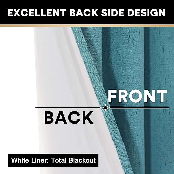 PrinceDeco Teal Blue 100% Blackout Linen Textured Curtains for Bedroom Thermal Insulated Grommet Room Darkening Curtains & Drapes for Living Room Nursery 42 x 84 Inch (2 Panels)