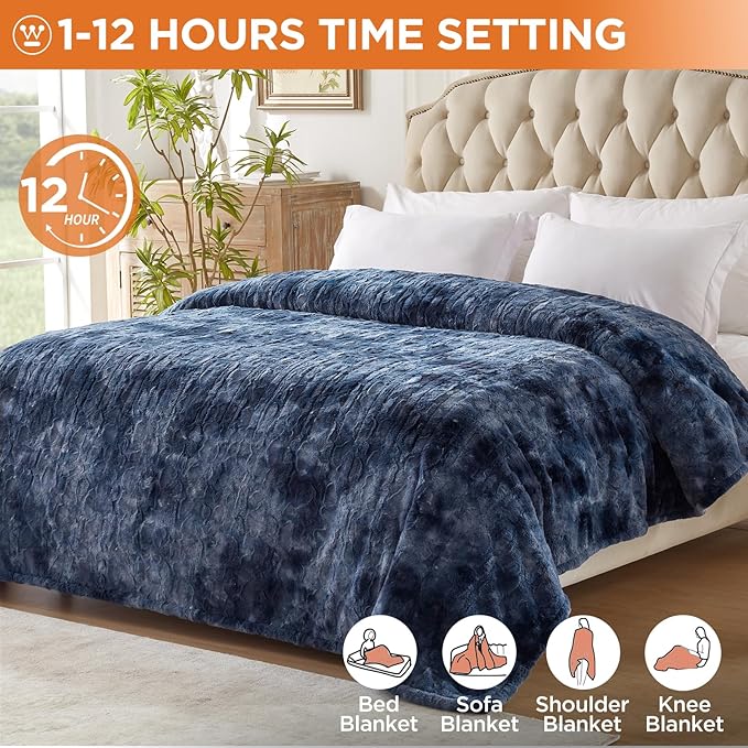 Westinghouse Electric Blanket Twin, Faux Fur Heated Blanket with 10 Heating Levels & 1-12 Hours Auto Off, Soft Cozy Sherpa Heated Blanket Washable Blanket (62" x 84" Twin Size, Indigo)