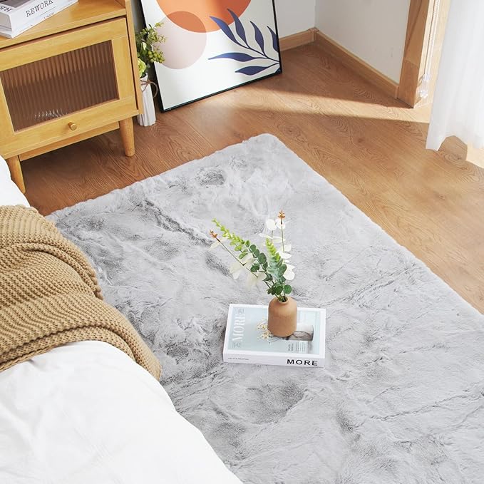 Latepis Fluffy Shag 2x6 Rug Grey Fuzzy Throw Area Rug Washable Gray Faux Rabbit Fur Plush Soft Rugs for Bedroom Accent Rugs for Kids Room Nursery Cute Room Decor