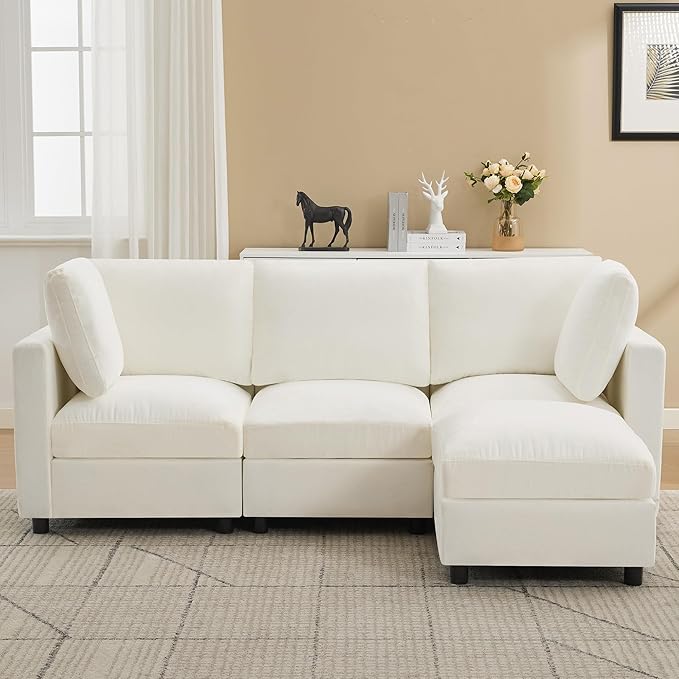 89'' 3-Seater Modular Sectional Cloud Sofa with Ottoman, L-Shaped Couch for Living Room, Modern Convertible Deep Seats Sofa, Chenille Beige