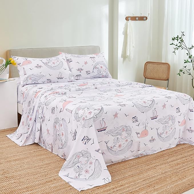 JSD Mermaid Girls Sheet Set Twin Size, 3 Piece Ocean Theme Microfiber Kids Bed Sheets Deep Pocket