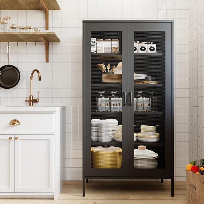 COFaR Modern Mesh Storage Cabinet, Free Standing Tall Pantry, Cupboard Metal Display Cabinet for Living Room, Kitchen, Dining Room