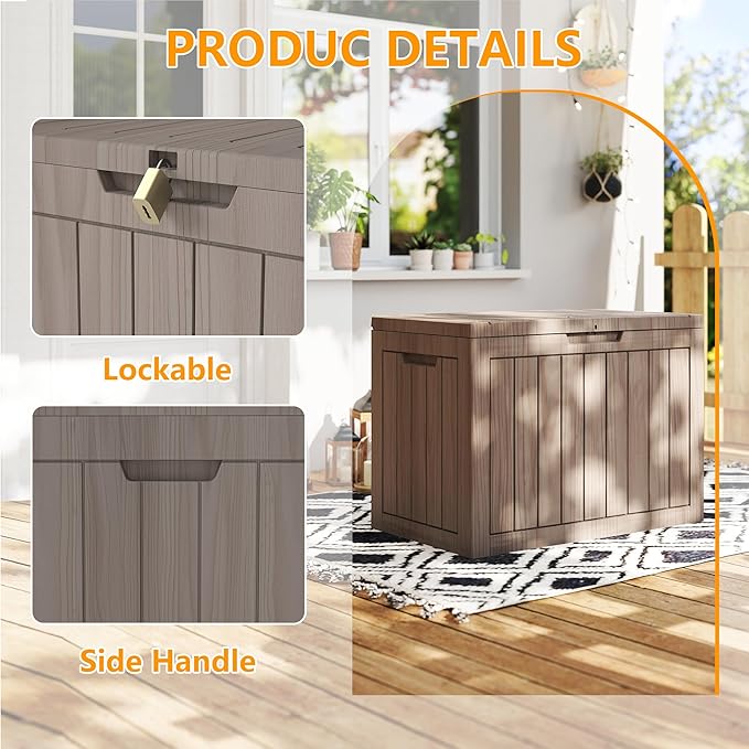 35 Gallon Small Waterproof Outdoor Storage Box, Resin Deck Box Lockable for Patio Furniture, Garden Tools, Pool Accessories, UV-Resistant for All Weather Use, Greige