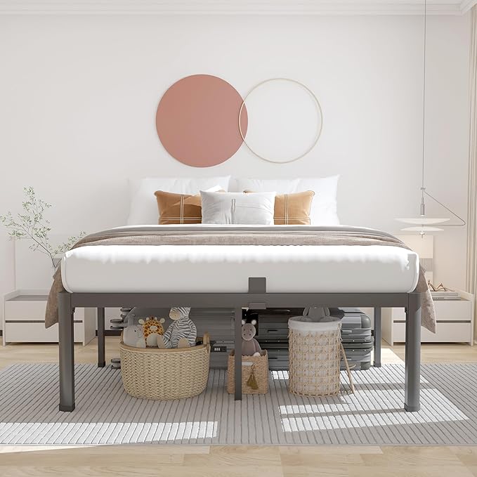 ROIL 12 inch Metal Queen Bed Frame with Rounded Corner and Headboard Hole Mattress Retainers 3500LBS Heavy Duty Steel Slats No Box Spring Needed Platform Noise-Free Easy Assemble